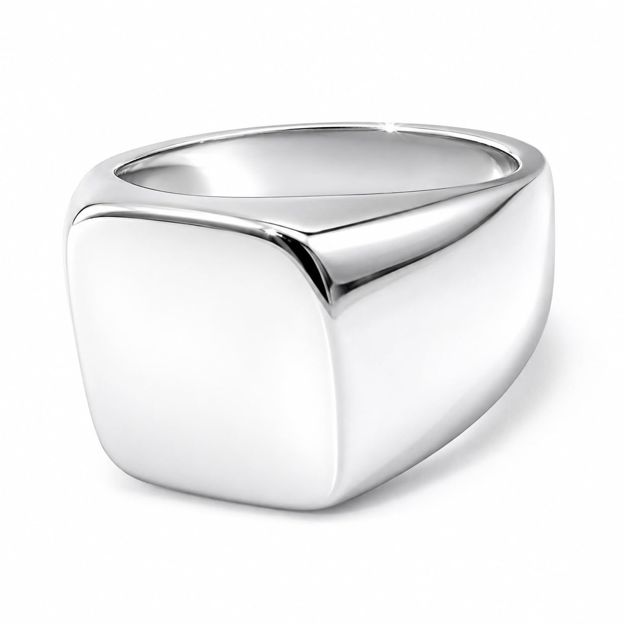 Warm Fortune Solid Square Signet Band Ring, 18K White Gold Plated Polished Plain Minimalist Daily Accessory, Size 7-9