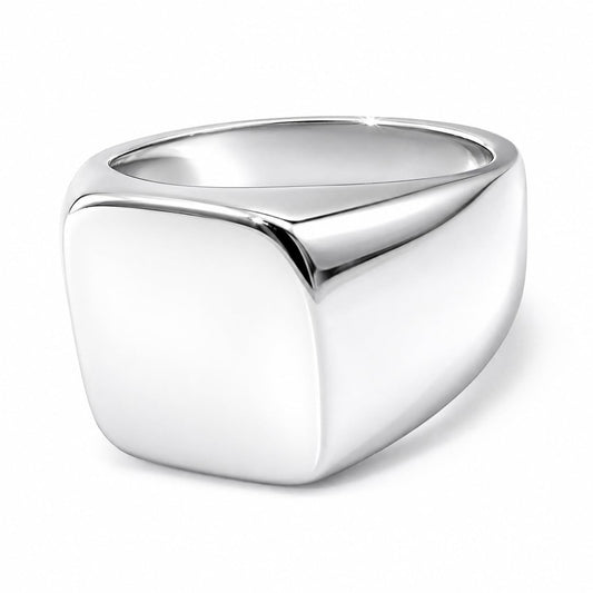 Warm Fortune Solid Square Signet Band Ring, 18K White Gold Plated Polished Plain Minimalist Daily Accessory, Size 7-9