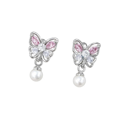 Warm Fortune 18K Gold Plated Butterfly Pearl Cubic Zirconia Drop Earrings for Women Hypoallergenic - Valentine's Day, Mother's Day, Birthday Gift for Her