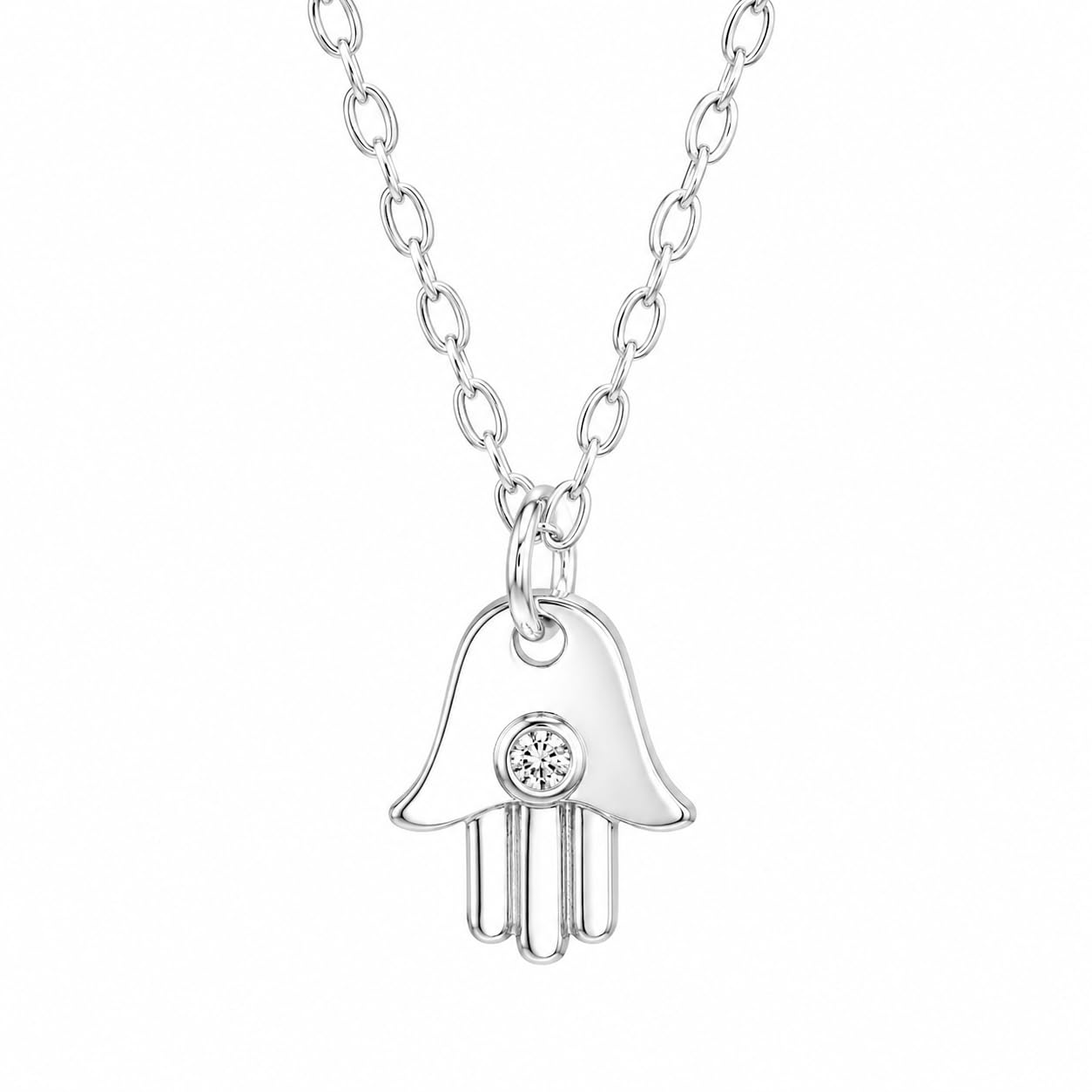 Warm Fortune 18K White Gold Plated CZ Hamsa Hand Pendant Necklace