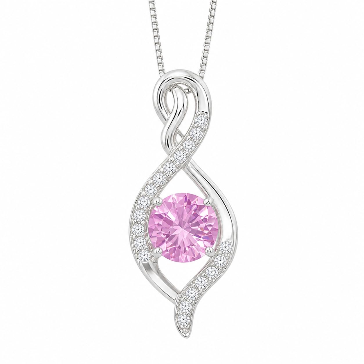 Warm Fortune Twisted Infinity Pendant Necklace for Women, 18K White Gold Plated Brass, Pink and Clear CZ, 18 Inch Chain, Round Center Stone