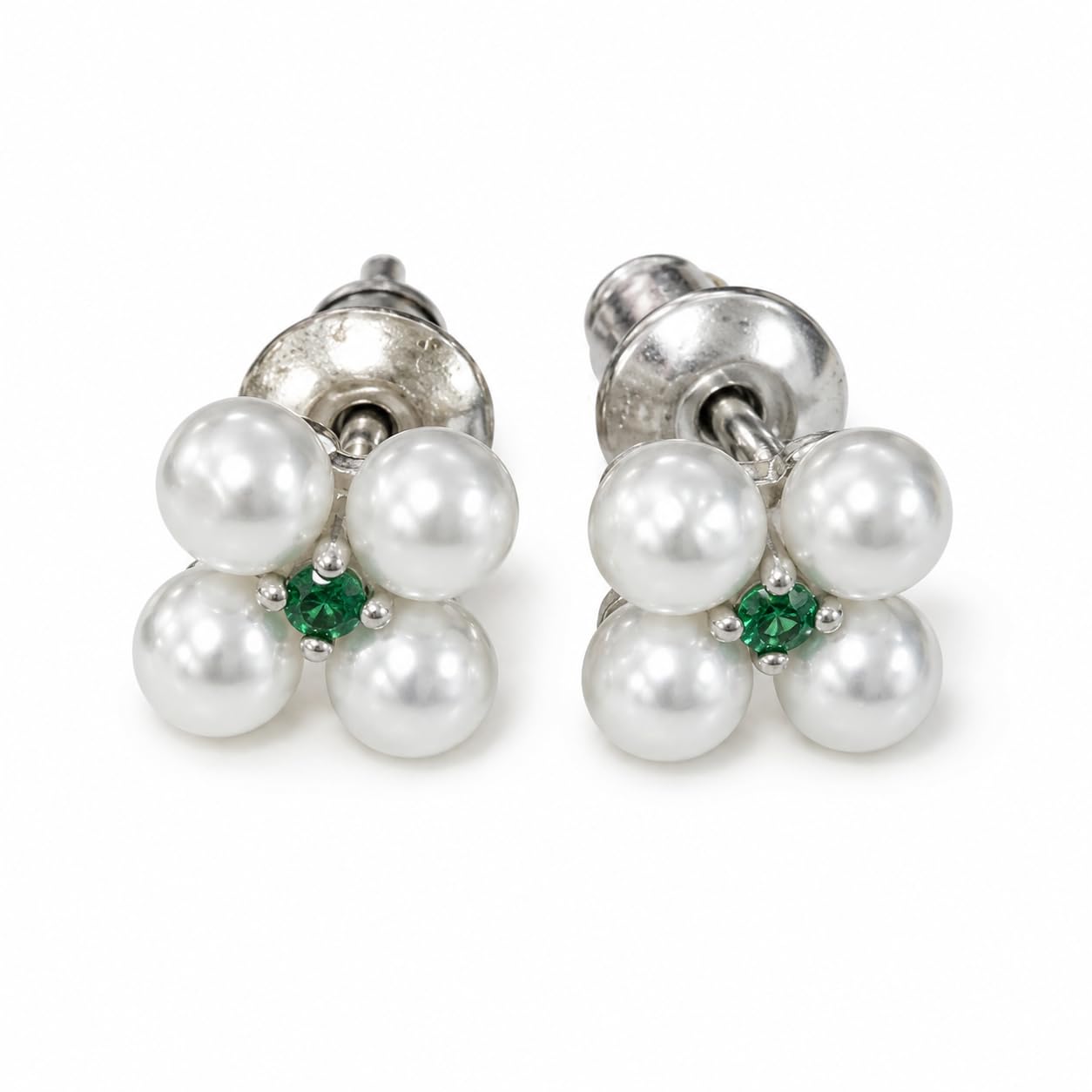 Warm Fortune 18K Gold Plated Four Shell Pearl Round Cubic Zirconia Floral Stud Earrings for Women Hypoallergenic - Valentine's Day, Mother's Day, Birthday Gift for Her