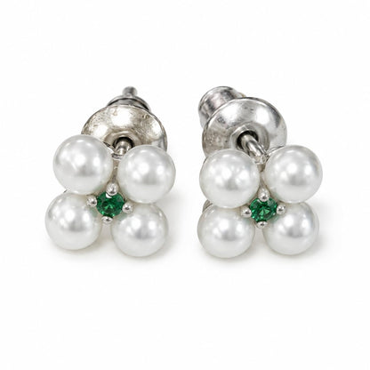 Warm Fortune 18K Gold Plated Four Shell Pearl Round Cubic Zirconia Floral Stud Earrings for Women Hypoallergenic - Valentine's Day, Mother's Day, Birthday Gift for Her