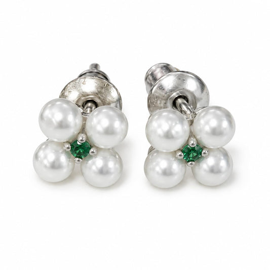 Warm Fortune 18K Gold Plated Four Shell Pearl Round Cubic Zirconia Floral Stud Earrings for Women Hypoallergenic - Valentine's Day, Mother's Day, Birthday Gift for Her