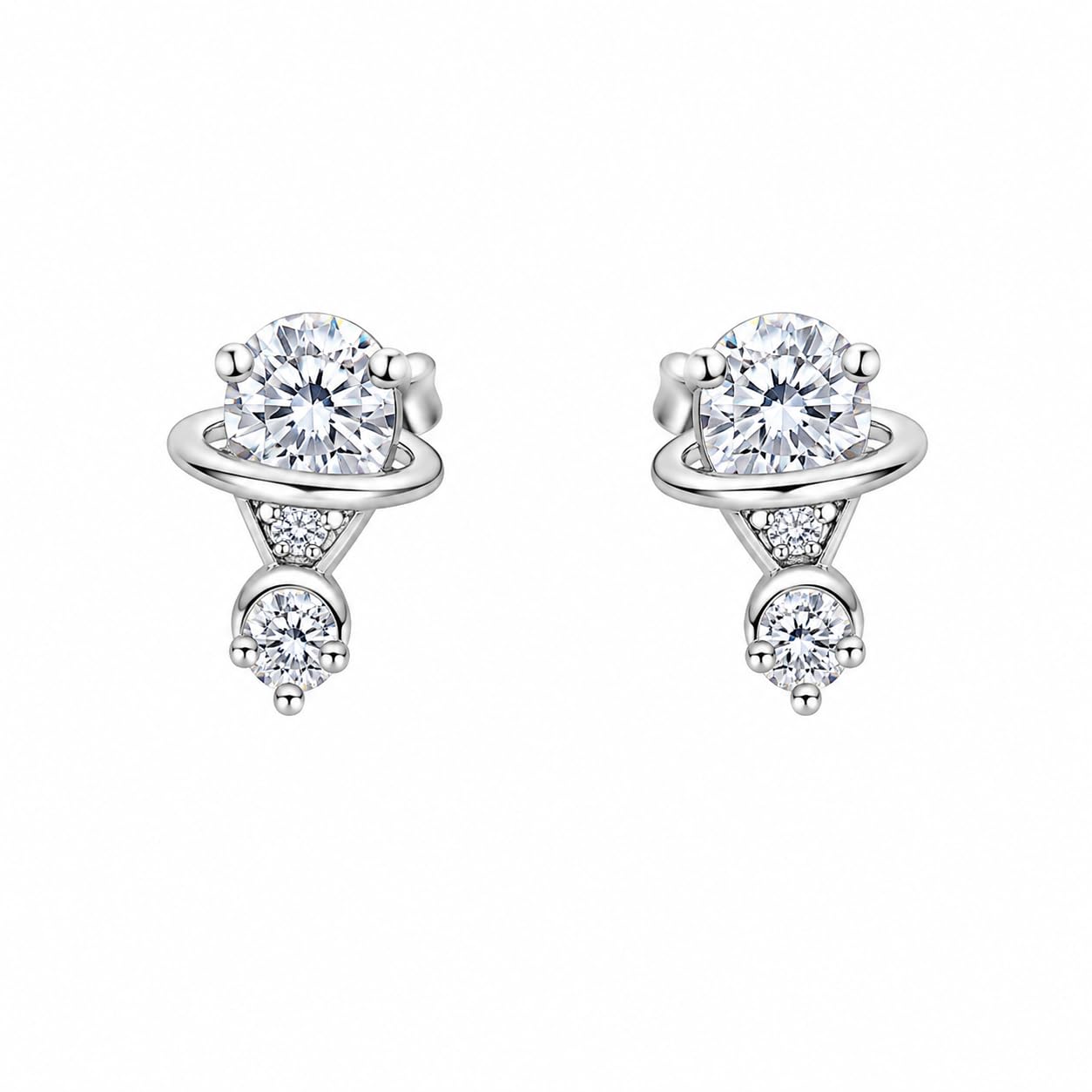 Warm Fortune 18K Gold Plated Planet Ring Round Cubic Zirconia Multi-Stone Stud Earrings for Adult Women Hypoallergenic Holiday & Daily Gift Jewelry