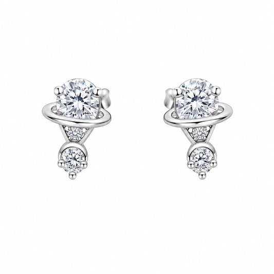 Warm Fortune 18K Gold Plated Planet Ring Round Cubic Zirconia Multi-Stone Stud Earrings for Adult Women Hypoallergenic Holiday & Daily Gift Jewelry