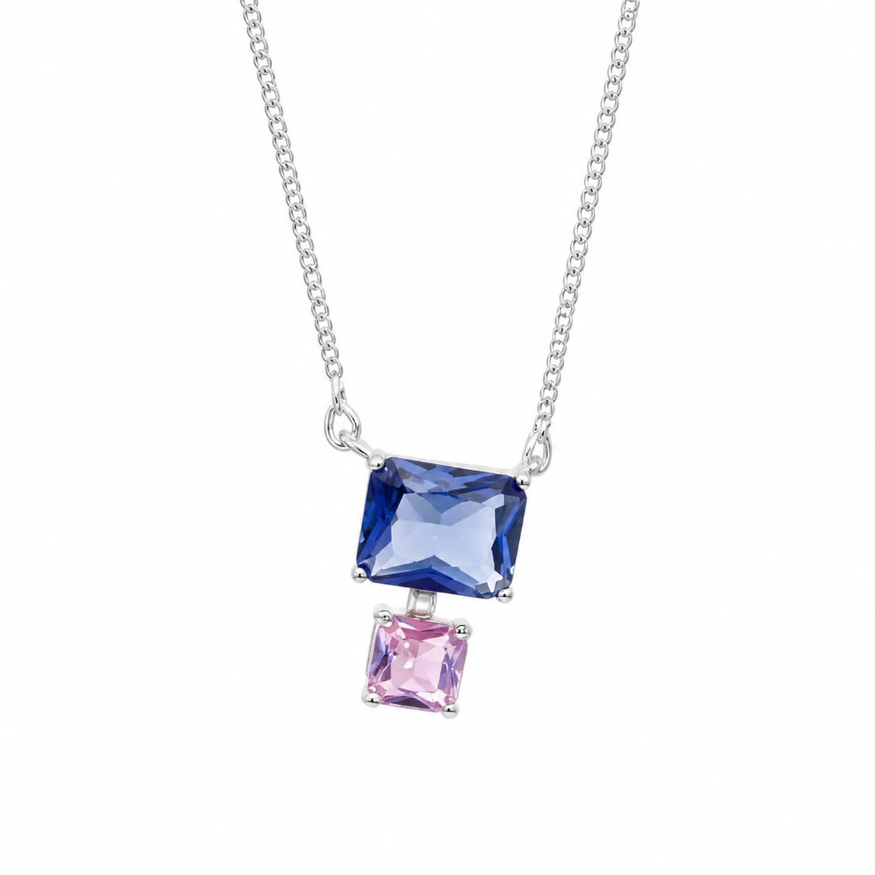 Warm Fortune Rectangular Two Stone Pendant Necklace for Women, 18K White Gold Plated Brass, Green Blue Purple and Pink CZ, 18 Inch Chain, CZ Color Options