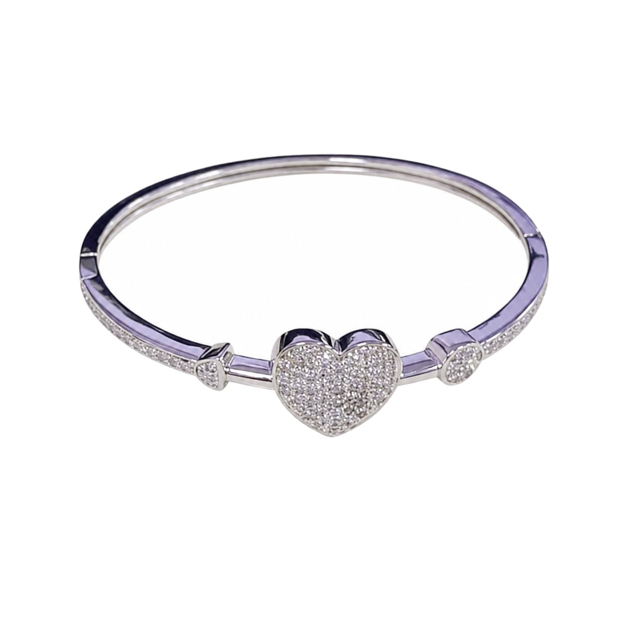 Warm Fortune Heart Bangle Bracelet for Women, Silver-Tone Hinged Design with Sparkling Pave Moissanite Accents