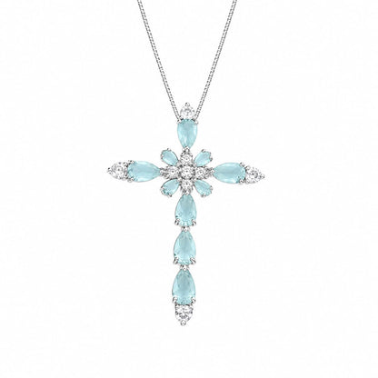 Warm Fortune 18K White Gold Plated CZ Blue Teardrop Cross Necklace