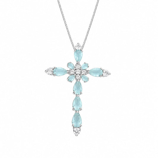 Warm Fortune 18K White Gold Plated CZ Blue Teardrop Cross Necklace