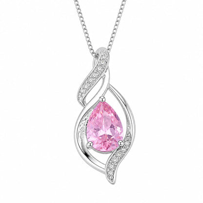 Warm Fortune Twisted Teardrop Pendant Necklace for Women, 18K White Gold Plated Brass, Pink or Clear CZ, 18 Inch Chain, CZ Color Options