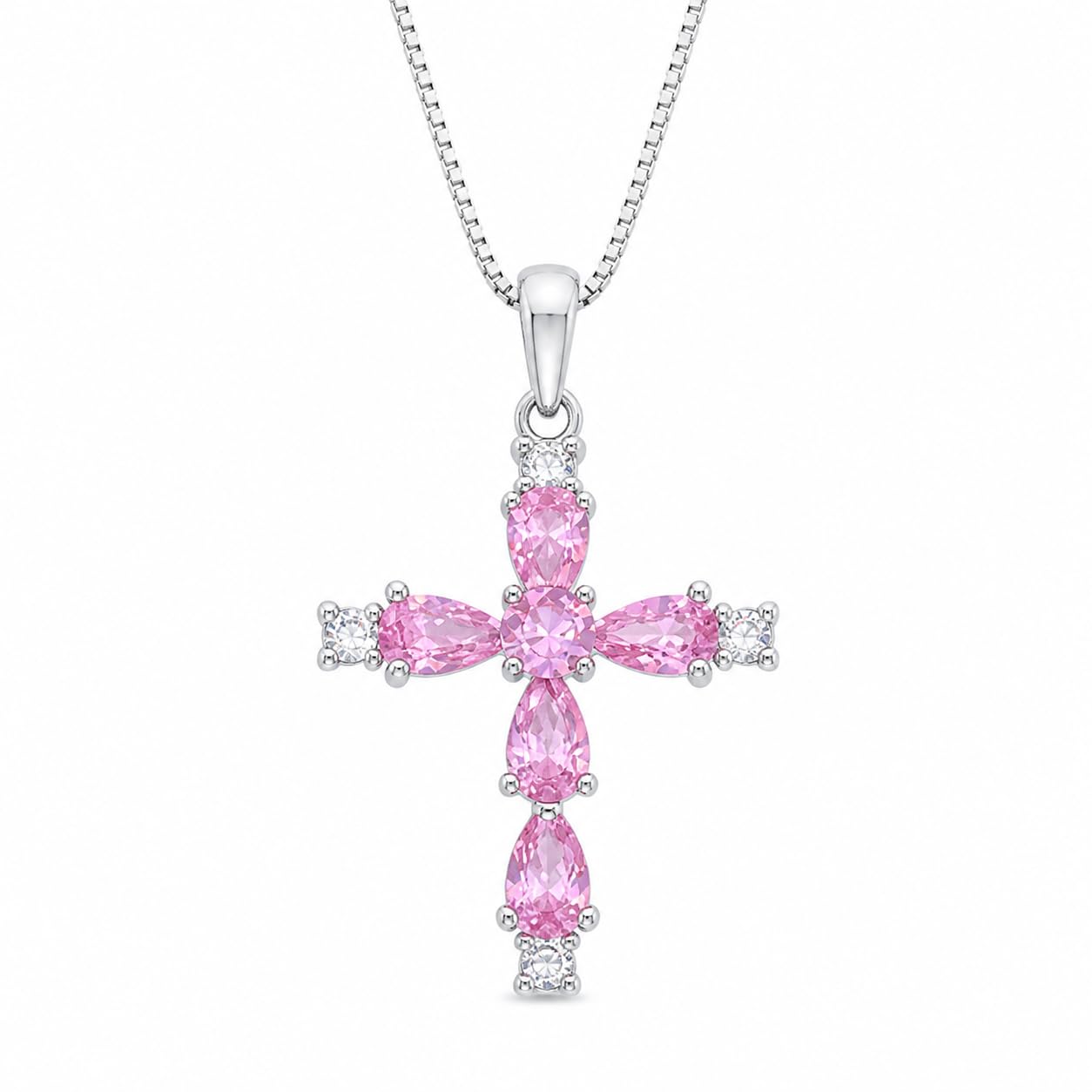 Warm Fortune Marquise Cross Pendant Necklace for Women, 18K White Gold Plated Brass, Clear or Pink CZ, 18 Inch Chain, Color Variation Options