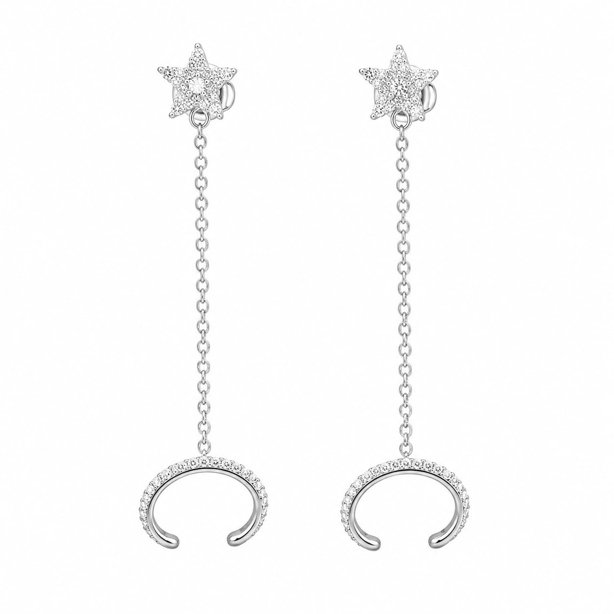 Warm Fortune 18K Gold Plated Star & Crescent Mixed Cut Cubic Zirconia Dangle Cuff Earrings for Women Hypoallergenic - Valentine's Day, Mother's Day, Birthday Gift for Her
