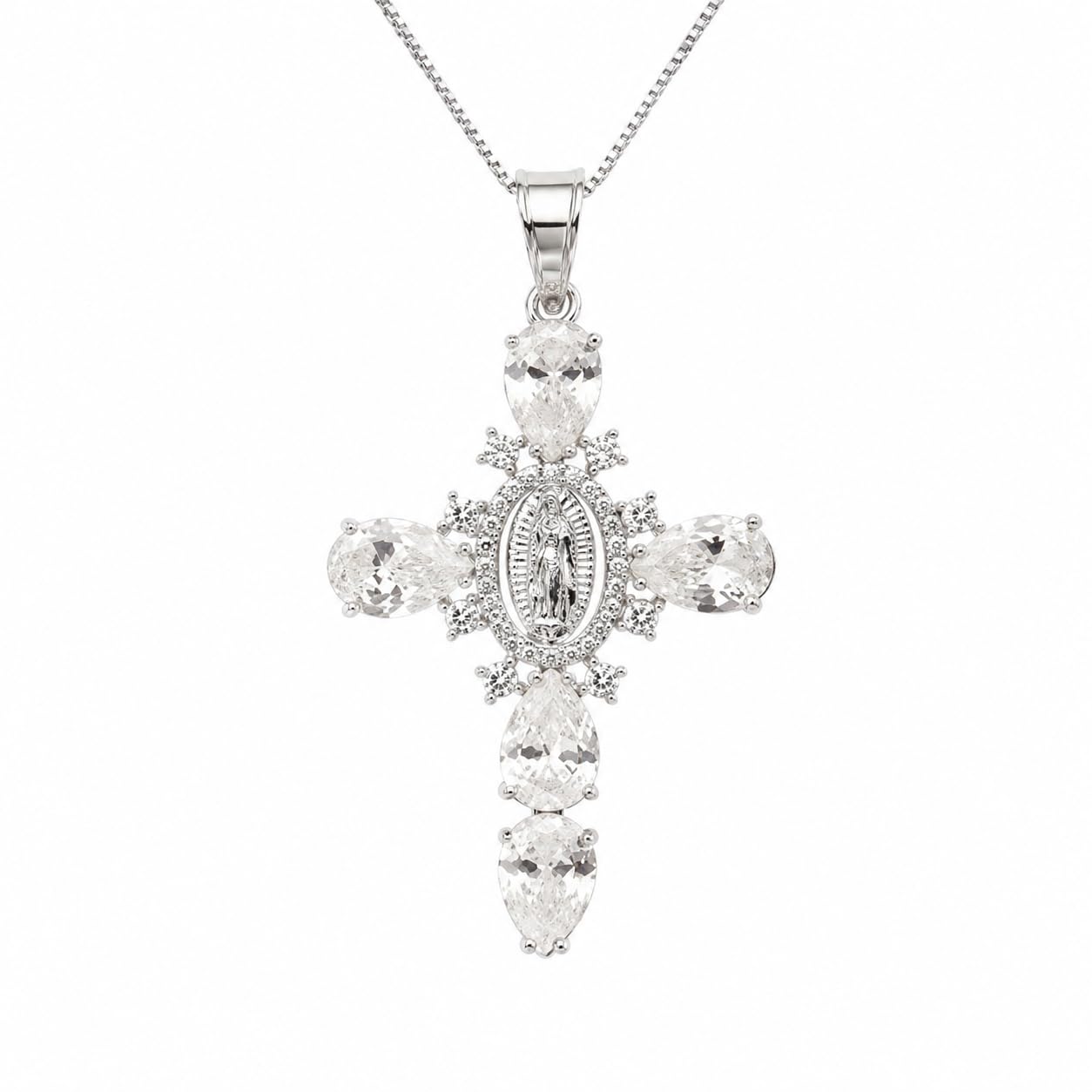 Warm Fortune 18K White Gold Plated CZ Religious Cross Pendant Necklace