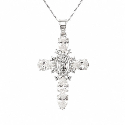 Warm Fortune 18K White Gold Plated CZ Religious Cross Pendant Necklace