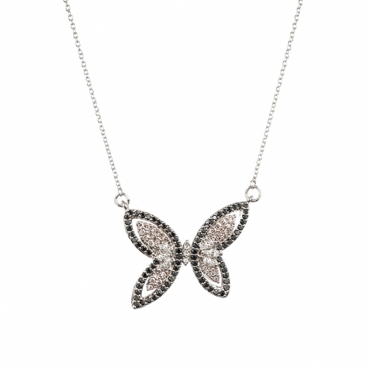 Warm Fortune Black and Pink Butterfly Pendant Necklace for Women, 18K White Gold Plated, 18 Inch Chain with Sparkling CZ, Colorful & Elegant Statement Jewelry for Women