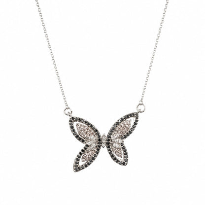 Warm Fortune Black and Pink Butterfly Pendant Necklace for Women, 18K White Gold Plated, 18 Inch Chain with Sparkling CZ, Colorful & Elegant Statement Jewelry for Women