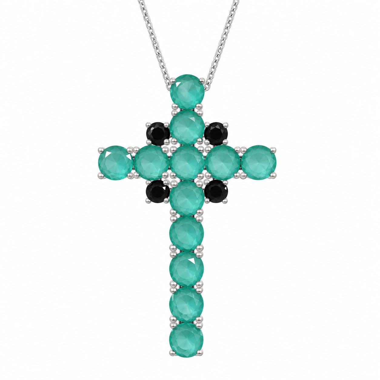 Warm Fortune Beaded Cross Pendant Necklace for Women, 18K White Gold Plated Brass, Green Black or Clear CZ, 18 Inch Chain, CZ Color Options