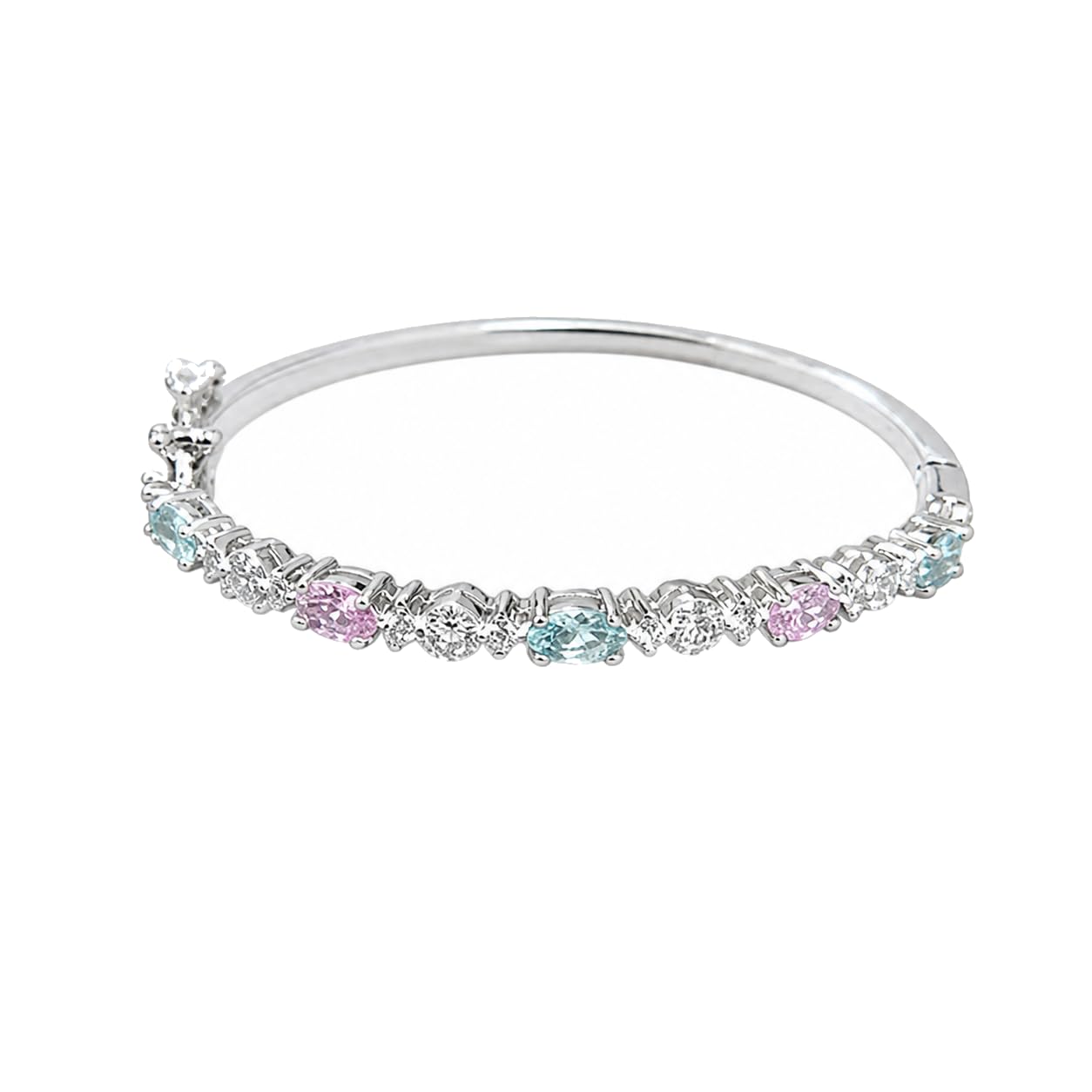 Warm Fortune Multicolor Moissanite Bangle Bracelet for Women, Silver-Tone Hinged Design with Oval and Round Stone Accents