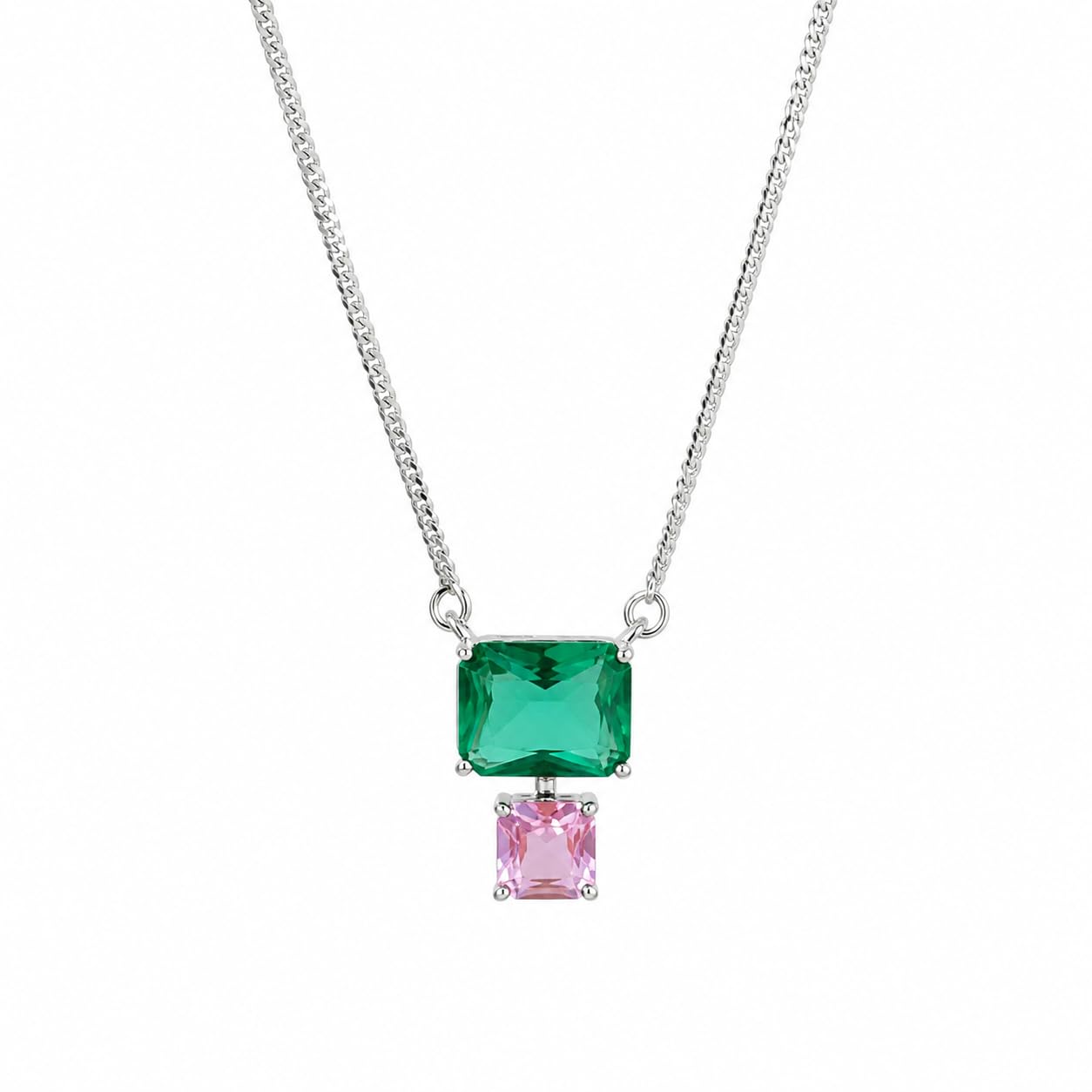 Warm Fortune Rectangular Two Stone Pendant Necklace for Women, 18K White Gold Plated Brass, Green Blue Purple and Pink CZ, 18 Inch Chain, CZ Color Options