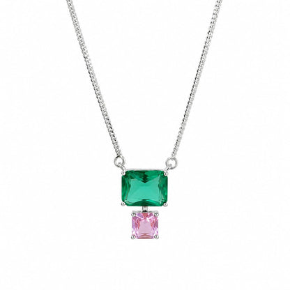 Warm Fortune Rectangular Two Stone Pendant Necklace for Women, 18K White Gold Plated Brass, Green Blue Purple and Pink CZ, 18 Inch Chain, CZ Color Options