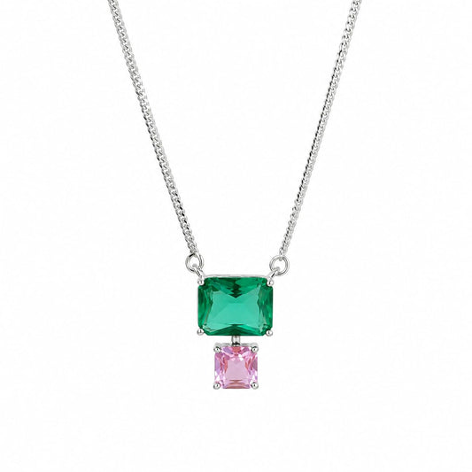 Warm Fortune Rectangular Two Stone Pendant Necklace for Women, 18K White Gold Plated Brass, Green Blue Purple and Pink CZ, 18 Inch Chain, CZ Color Options