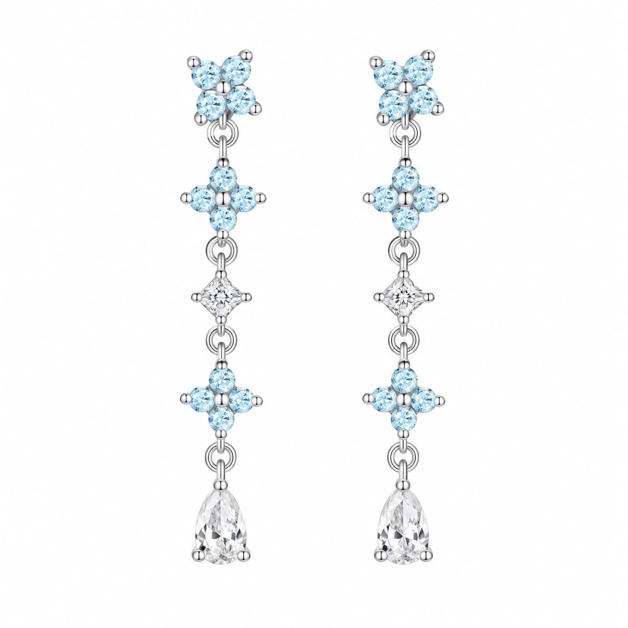 Warm Fortune 18K White Gold Plated Floral CZ Linear Drop Earrings