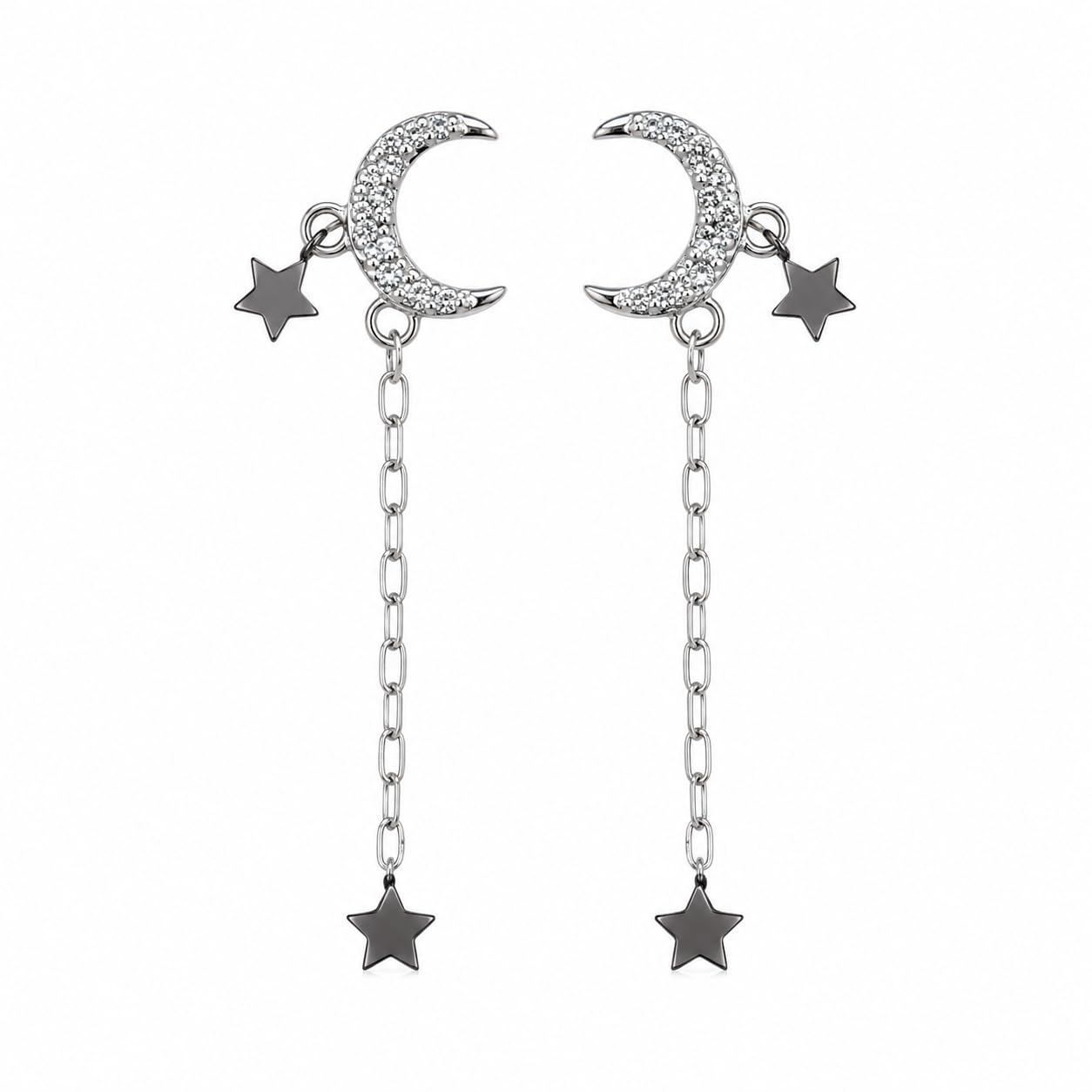 Warm Fortune 18K White Gold Plated CZ Moon Star Dangle Earrings
