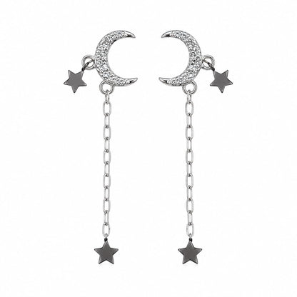 Warm Fortune 18K White Gold Plated CZ Moon Star Dangle Earrings