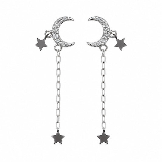 Warm Fortune 18K White Gold Plated CZ Moon Star Dangle Earrings