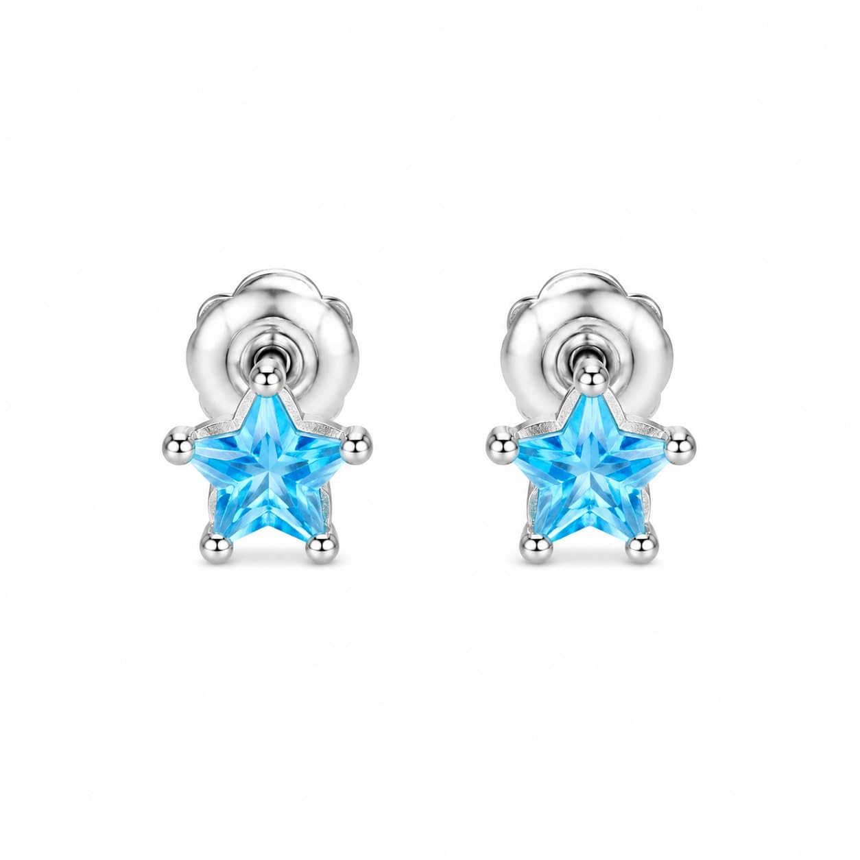 Warm Fortune 18K White Gold Plated Blue CZ Star Stud Earrings for Women