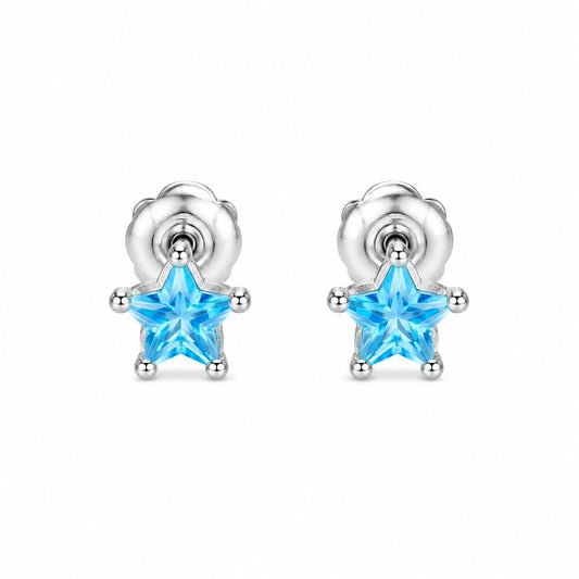 Warm Fortune 18K White Gold Plated Blue CZ Star Stud Earrings for Women