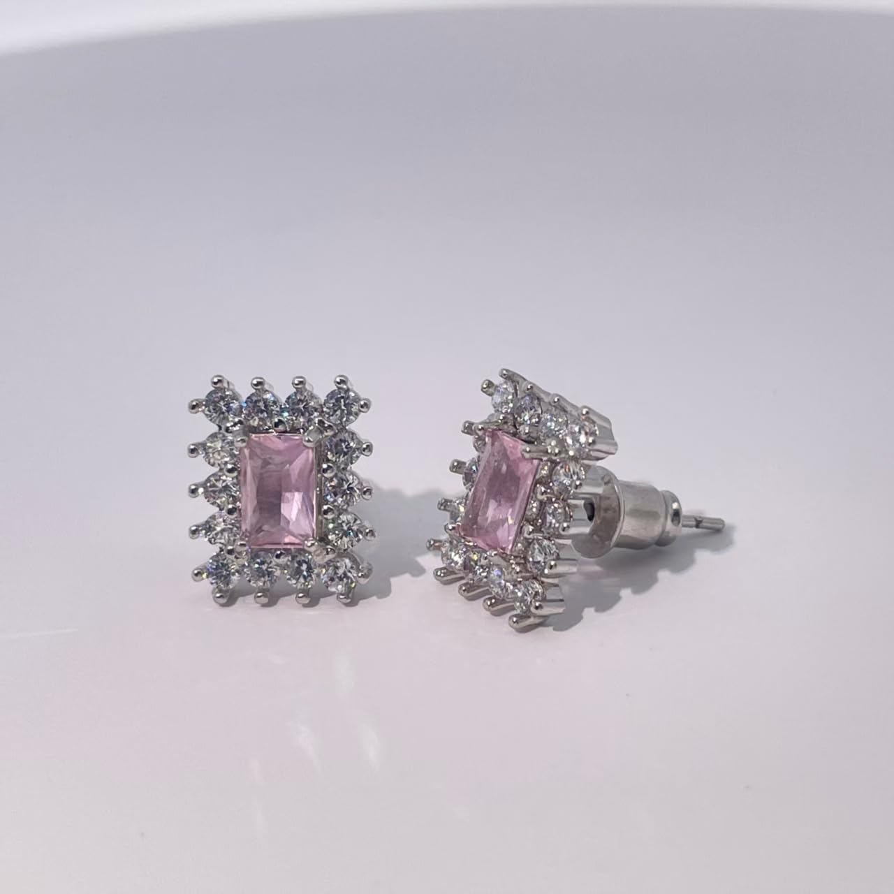 Warm Fortune Rectangle Gemstone Halo Stud Earrings for Women, 2 Colors (Pink/Deep Purple) with Cubic Zirconia Accents, Silver Tone Fashion Jewelry for Elegant Daily & Event Wear