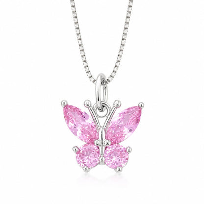 Warm Fortune Butterfly Pendant Necklace for Women, 18K White Gold Plated Brass, Pink or Clear CZ, 18 Inch Chain, CZ Color Options