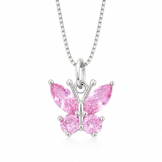 Warm Fortune Butterfly Pendant Necklace for Women, 18K White Gold Plated Brass, Pink or Clear CZ, 18 Inch Chain, CZ Color Options