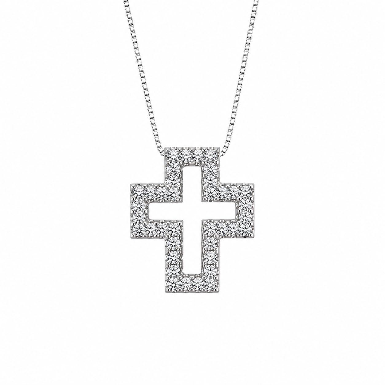 Warm Fortune Open Cross Pendant Necklace for Women, 18K White Gold Plated, 18 Inch Chain with Sparkling CZ, Dainty, Chic & Everyday Minimalist Jewelry