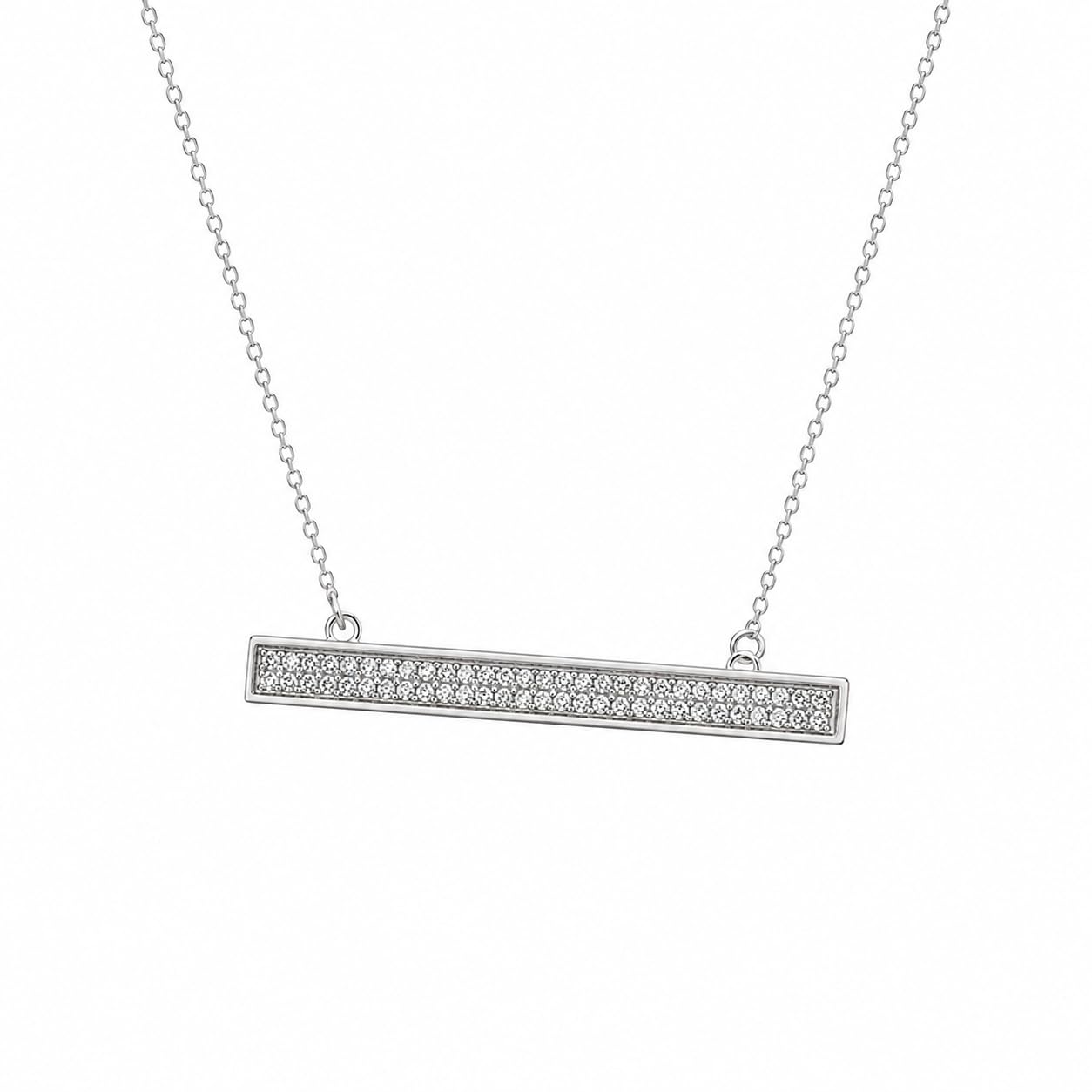 Warm Fortune Pavé Bar Pendant Necklace for Women, 18K White Gold Plated, 16 Inch Chain with Sparkling CZ, Dainty, Chic & Everyday Minimalist Jewelry
