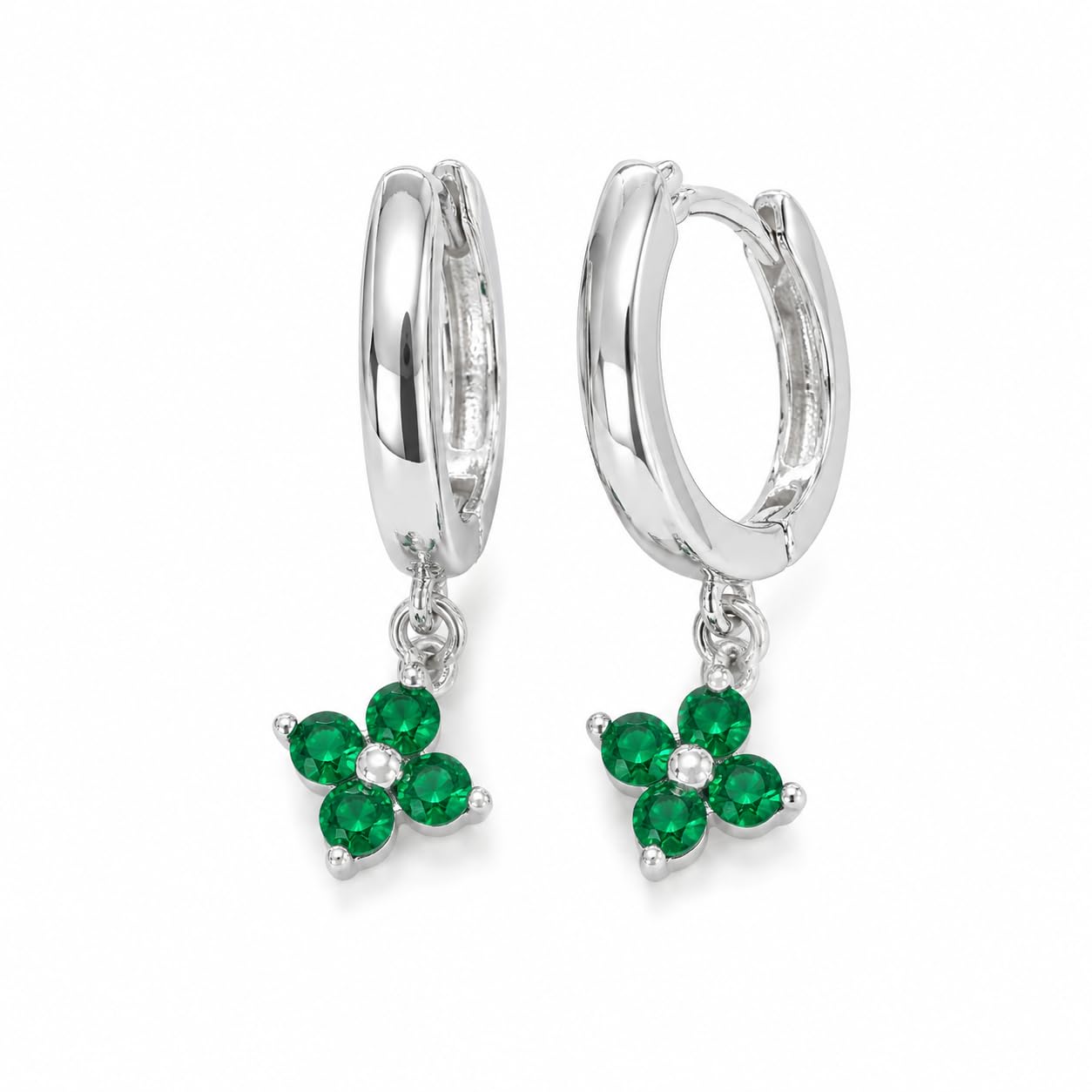 Warm Fortune 18K White Gold Plated Green CZ Flower Huggie Hoop Earrings