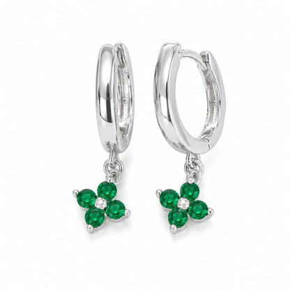 Warm Fortune 18K White Gold Plated Green CZ Flower Huggie Hoop Earrings