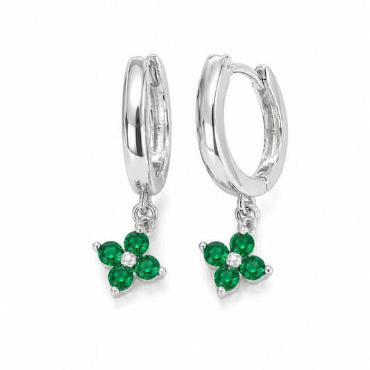 Warm Fortune 18K White Gold Plated Green CZ Flower Huggie Hoop Earrings