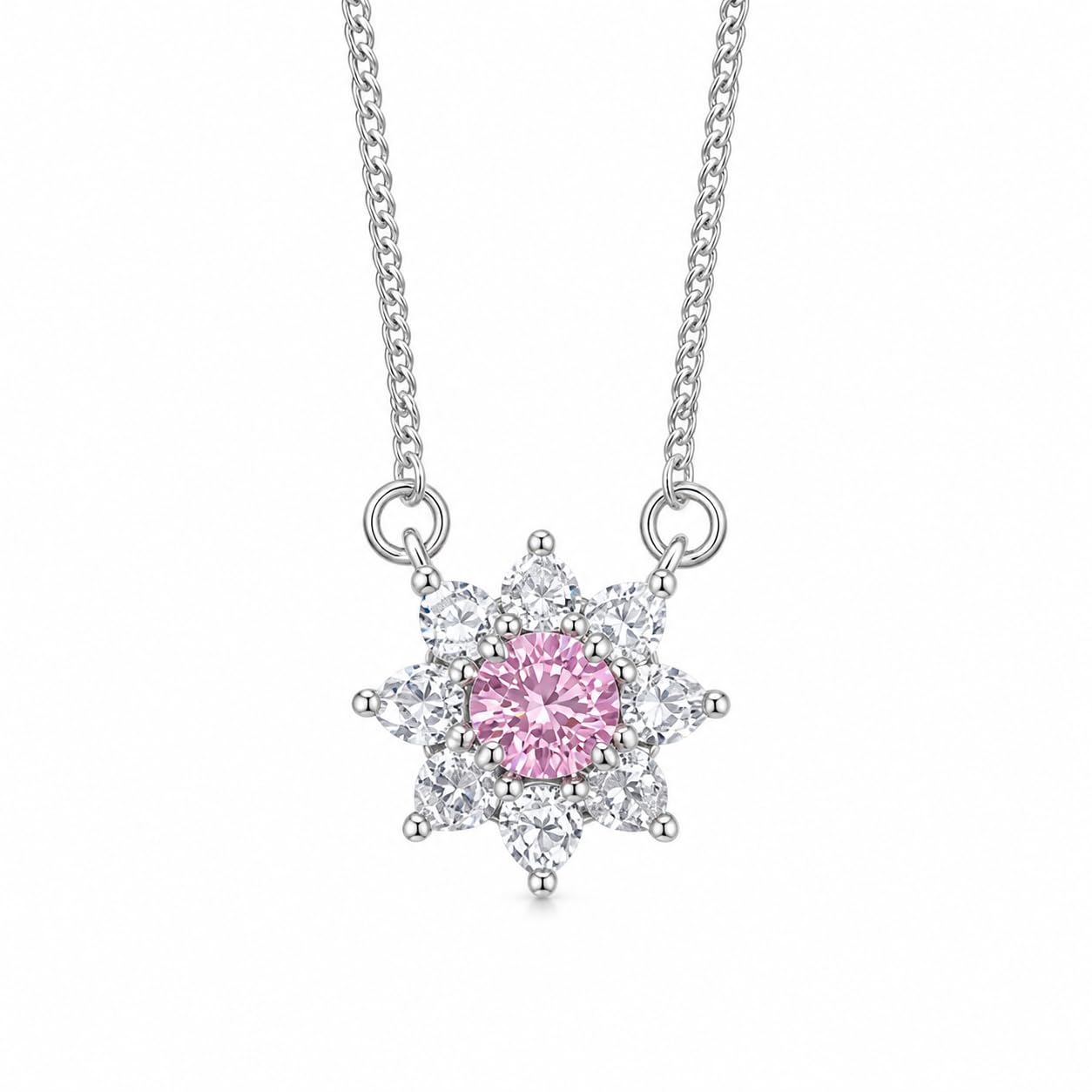 Warm Fortune Sunburst Cluster Pendant Necklace for Women, 18K White Gold Plated Brass, Pink and Clear CZ, 16 Inch Chain, Floral Halo Design