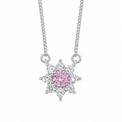 Warm Fortune Sunburst Cluster Pendant Necklace for Women, 18K White Gold Plated Brass, Pink and Clear CZ, 16 Inch Chain, Floral Halo Design