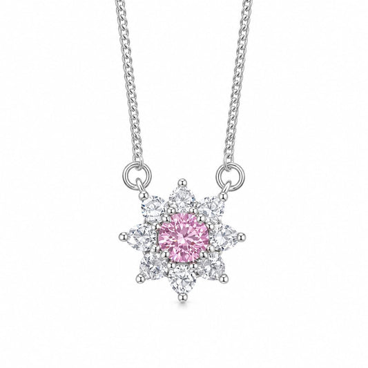 Warm Fortune Sunburst Cluster Pendant Necklace for Women, 18K White Gold Plated Brass, Pink and Clear CZ, 16 Inch Chain, Floral Halo Design