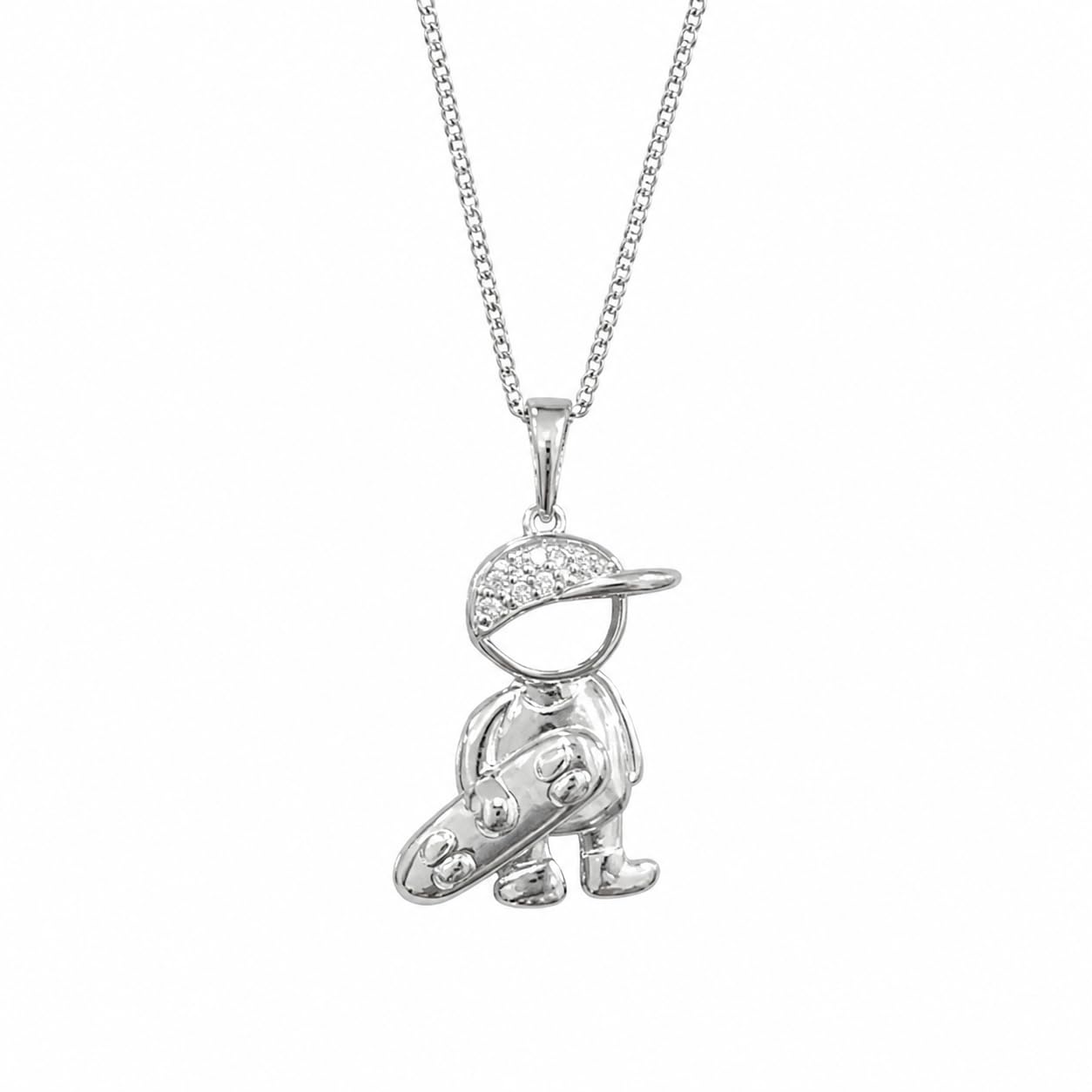 Warm Fortune Sun Hat Figure Pendant Necklace for Women, 18K White Gold Plated Brass, Clear CZ, 18 Inch Chain, Openwork Figure Design