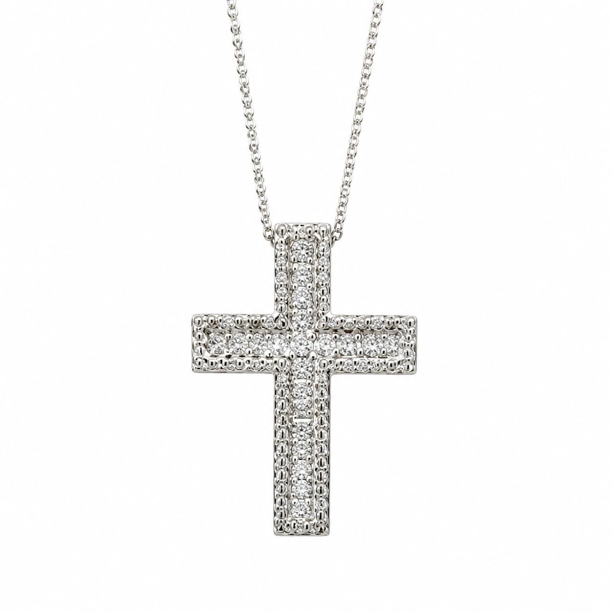 Warm Fortune Pavé Cross Pendant Necklace for Women, 18K White Gold Plated, 18 Inch Chain with Sparkling CZ, Elegant & Versatile Layering Jewelry