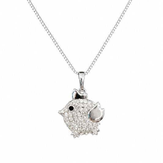 Warm Fortune Hedgehog Pendant Necklace for Women, 18K White Gold Plated Brass, Clear and Black CZ, 18 Inch Chain, Pave Animal Design