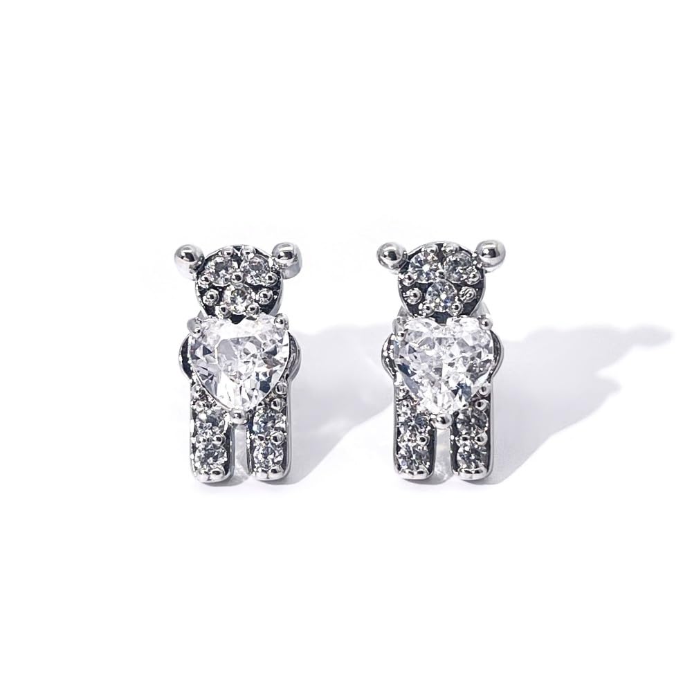 Warm Fortune 18K Gold Plated Teddy Bear Heart Cubic Zirconia Stud Earrings for Women Hypoallergenic - Valentine's Day, Mother's Day, Birthday Gift for Her