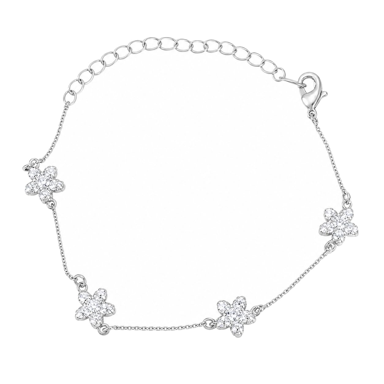 Warm Fortune Floral Station Bracelet for Women, Silver-Tone 5 Inch Adjustable Chain with Sparkling Moissanite Flowers