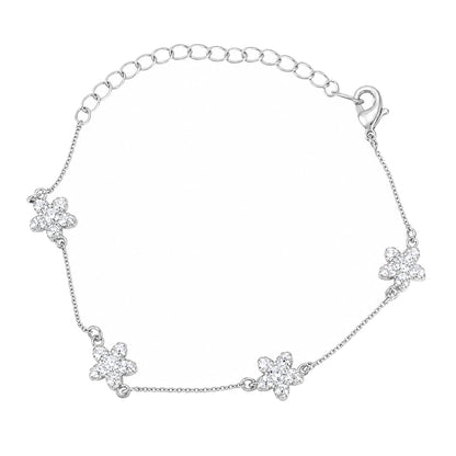 Warm Fortune Floral Station Bracelet for Women, Silver-Tone 5 Inch Adjustable Chain with Sparkling Moissanite Flowers
