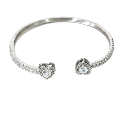 Warm Fortune Double Heart Open Cuff Bracelet for Women, Silver-Tone Bangle with Sparkling Moissanite Halo Accents